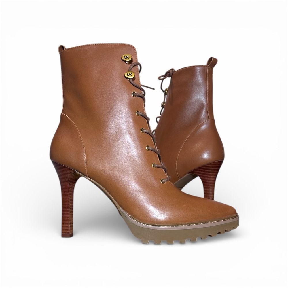 NIB Michael Kors Kyle Leather Lace Up Lug Sole Bootie Luggage Brown 8.5M 4" Heel